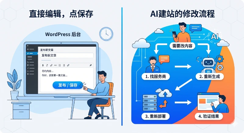 "WordPress后台内容编辑界面"和"AI建站的内容修改流程"对比