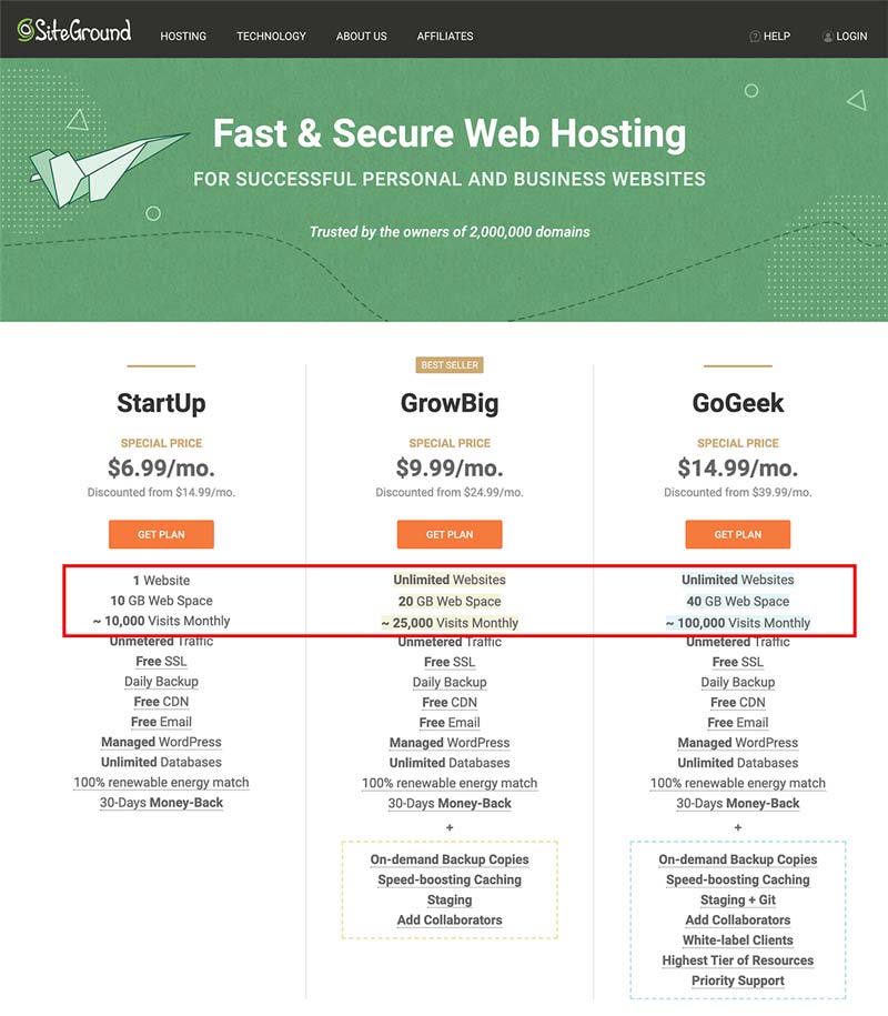 siteground新版主机空间选购教程